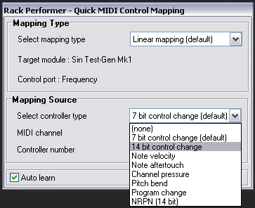 MIDI control mapping source selection