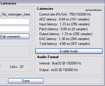 Rack Performer info and latencies dialog